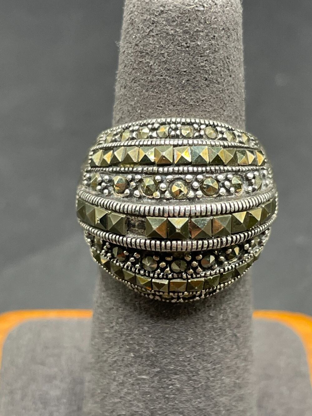 Vintage CFJ Thai 925 Sterling Silver Marcasite Dome Wide Band Ring Sz 6